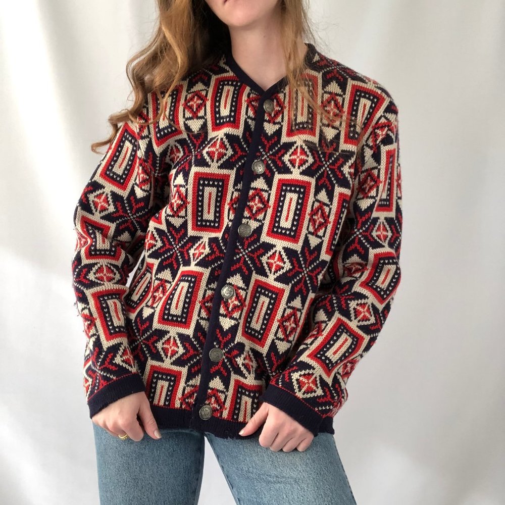 Vintage Norvyk Fair Isle Nordic Knit 100% Pure Wool Oversized Cardigan Sweater - Picture 15 of 15